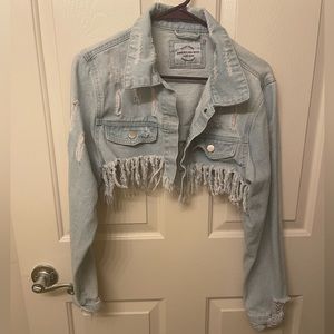 Distressed crop denim jacket